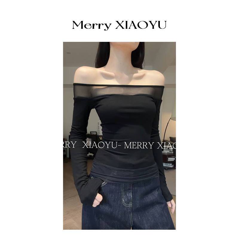 【小鱼】一字肩气质性感网纱拼接长袖小众显瘦百搭气质纯欲风上衣