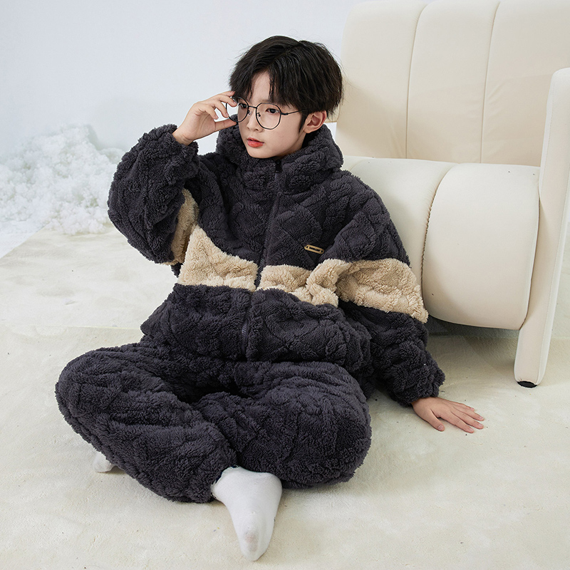 男童冬季珊瑚绒睡衣2025新款中大童秋冬款男孩加绒加厚儿童家居服