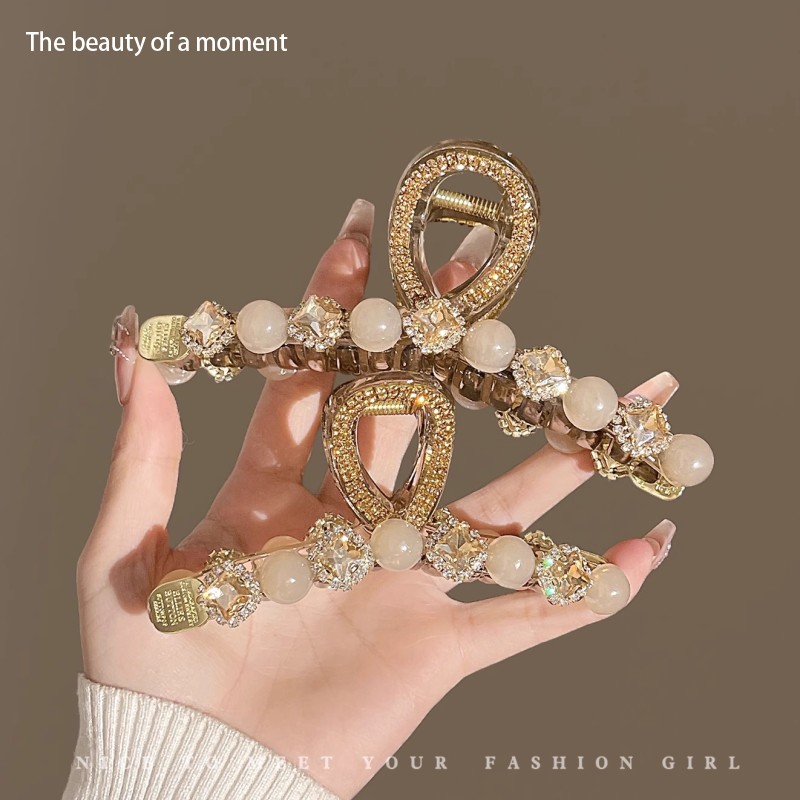 新款水钻珍珠抓夹女后脑勺发量多鲨鱼夹子大号高级感发夹头饰发卡