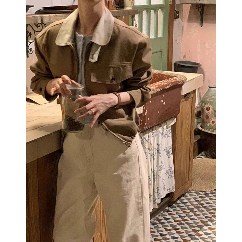 焦糖拿铁！韩国obj*et复古翻领撞色大口袋长袖短款小个子夹克外套