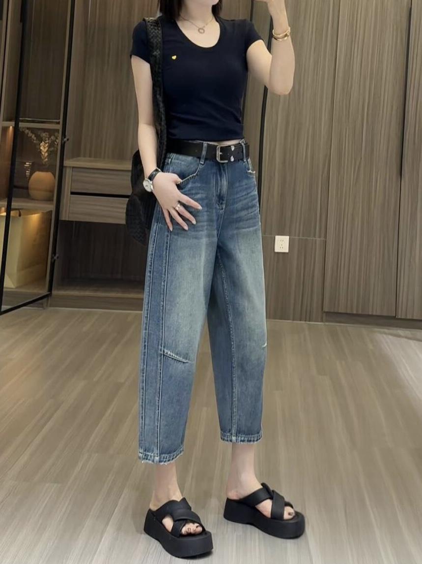 2025蓝色牛仔裤女夏季薄款大码宽松显瘦小个子八分阔腿哈伦奶