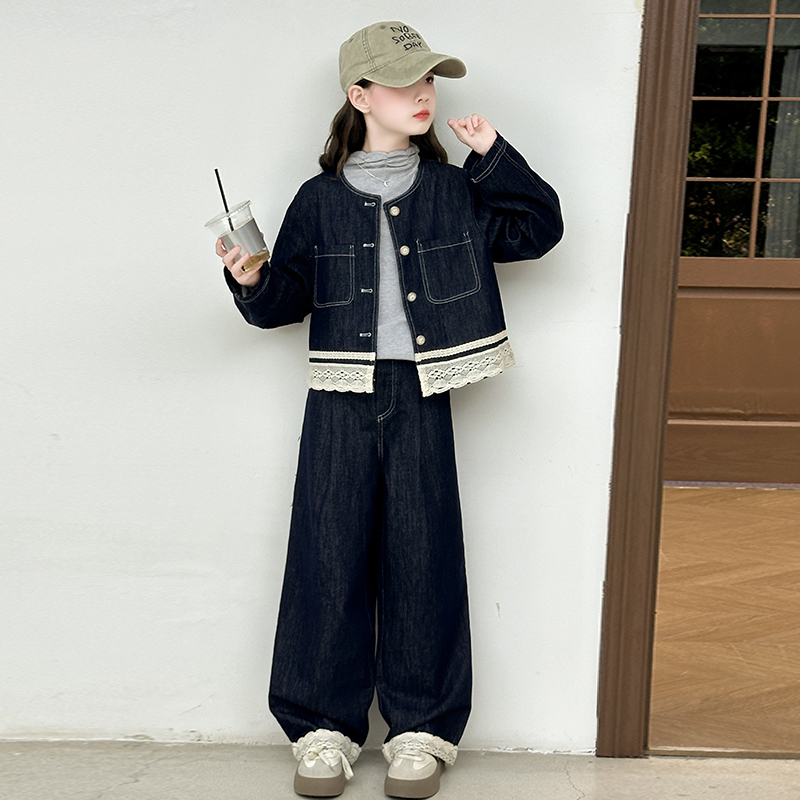 女童秋款套装2025新款网红女大童名媛韩版洋气牛仔三件套儿童秋装