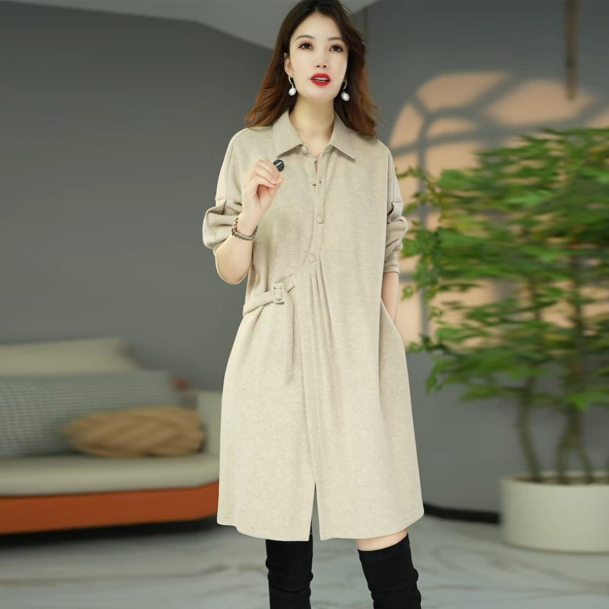 原创设计师款妈妈装秋冬欧版洋气加厚衬衣裙遮肉显瘦连衣裙打底裙