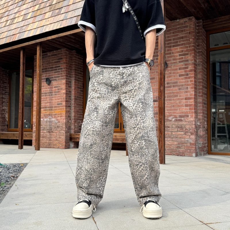 潮牌复古豹纹阔腿裤男款宽松显瘦直筒裤高高街复古情侣宽松阔腿裤