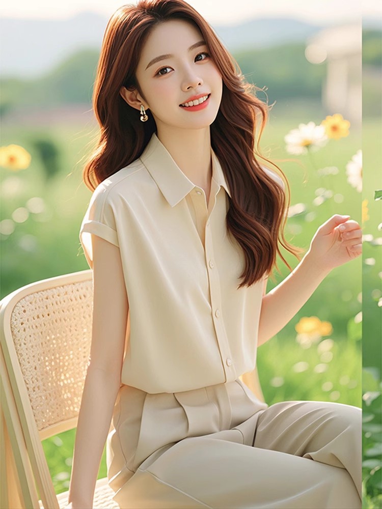 夏季新款衬衣漂亮洋气减龄小衫高级感独特别致杏色通勤短袖衬衫女