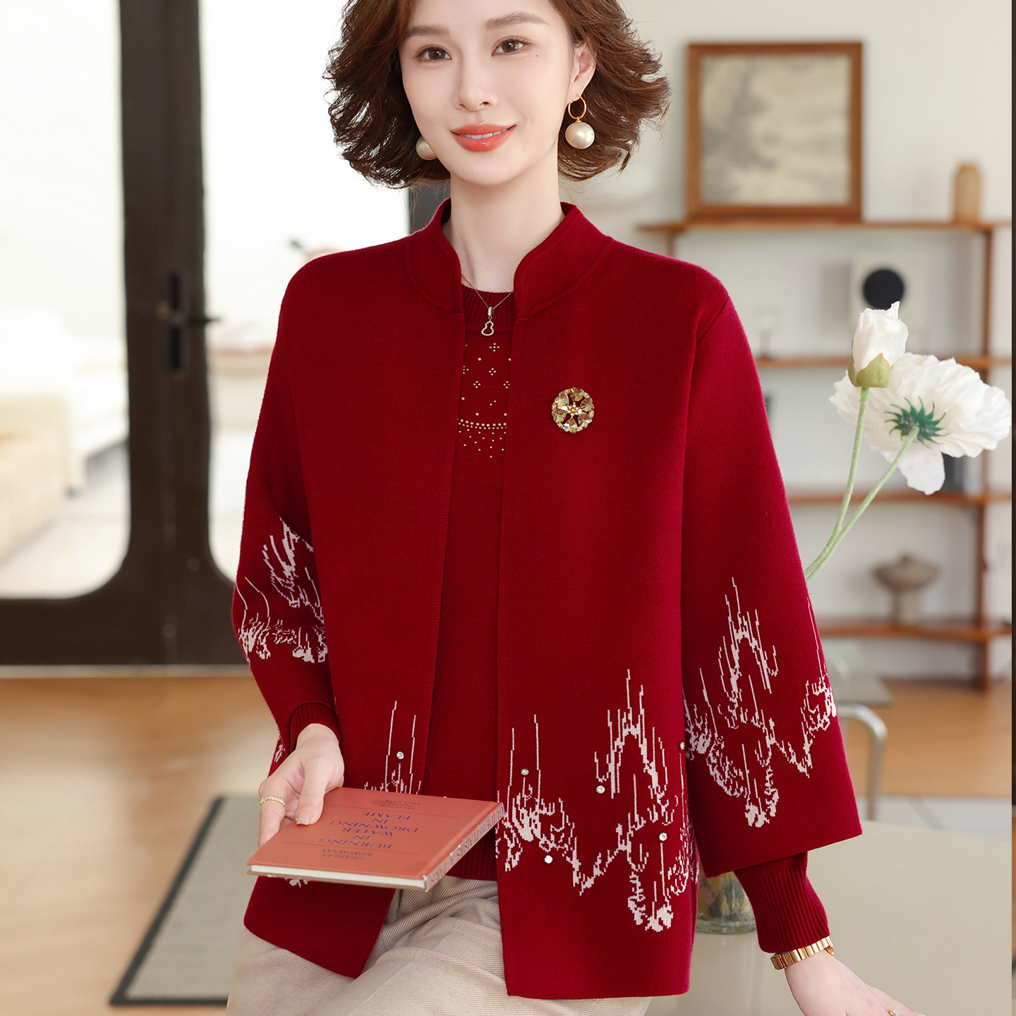 妈妈装冬季中年针织上衣两件套装洋气大码女装外套喜婆婆婚宴礼服