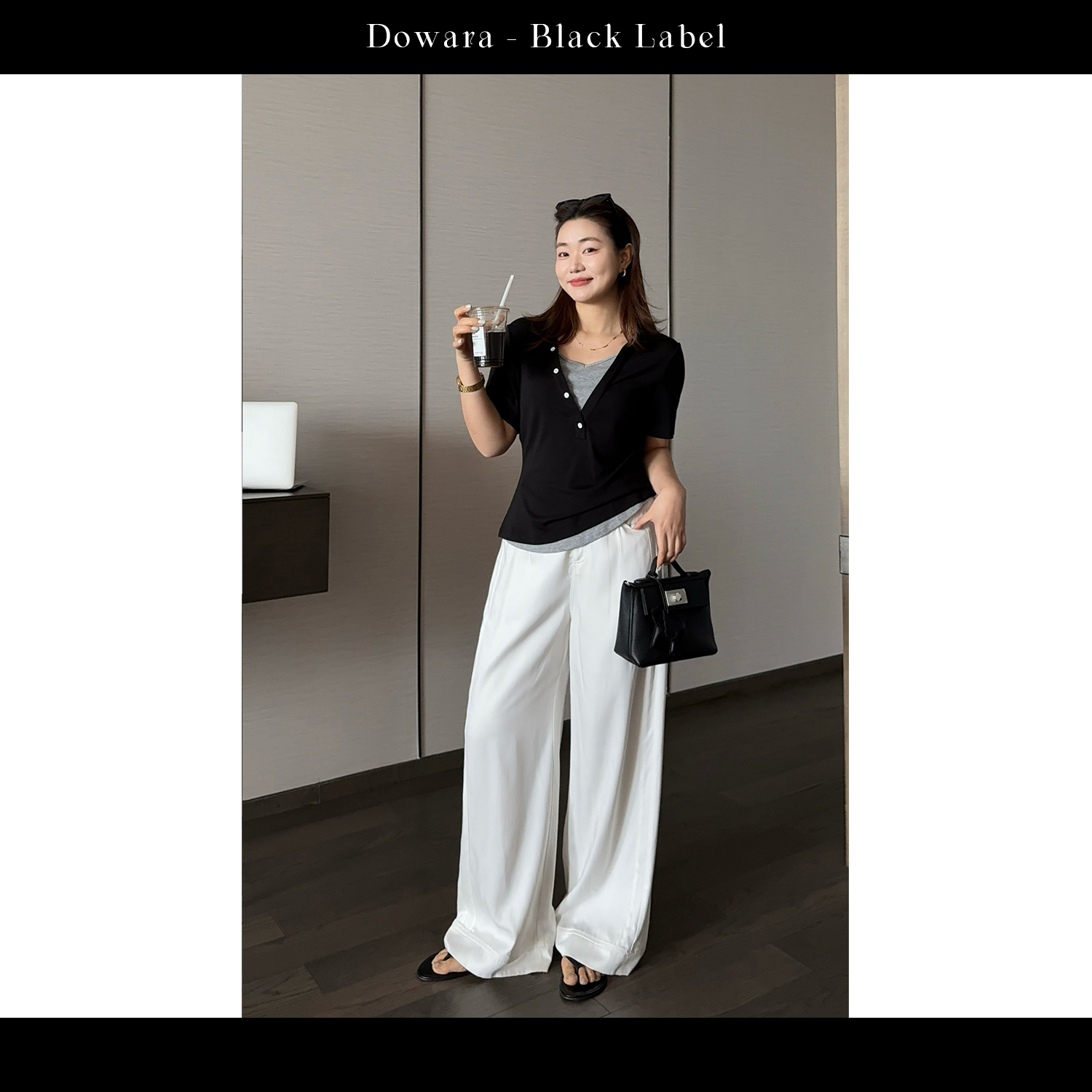 现货大婉酱黑标【双生莫代尔T】洋气翻领假两件T恤女拼接上衣 8743D