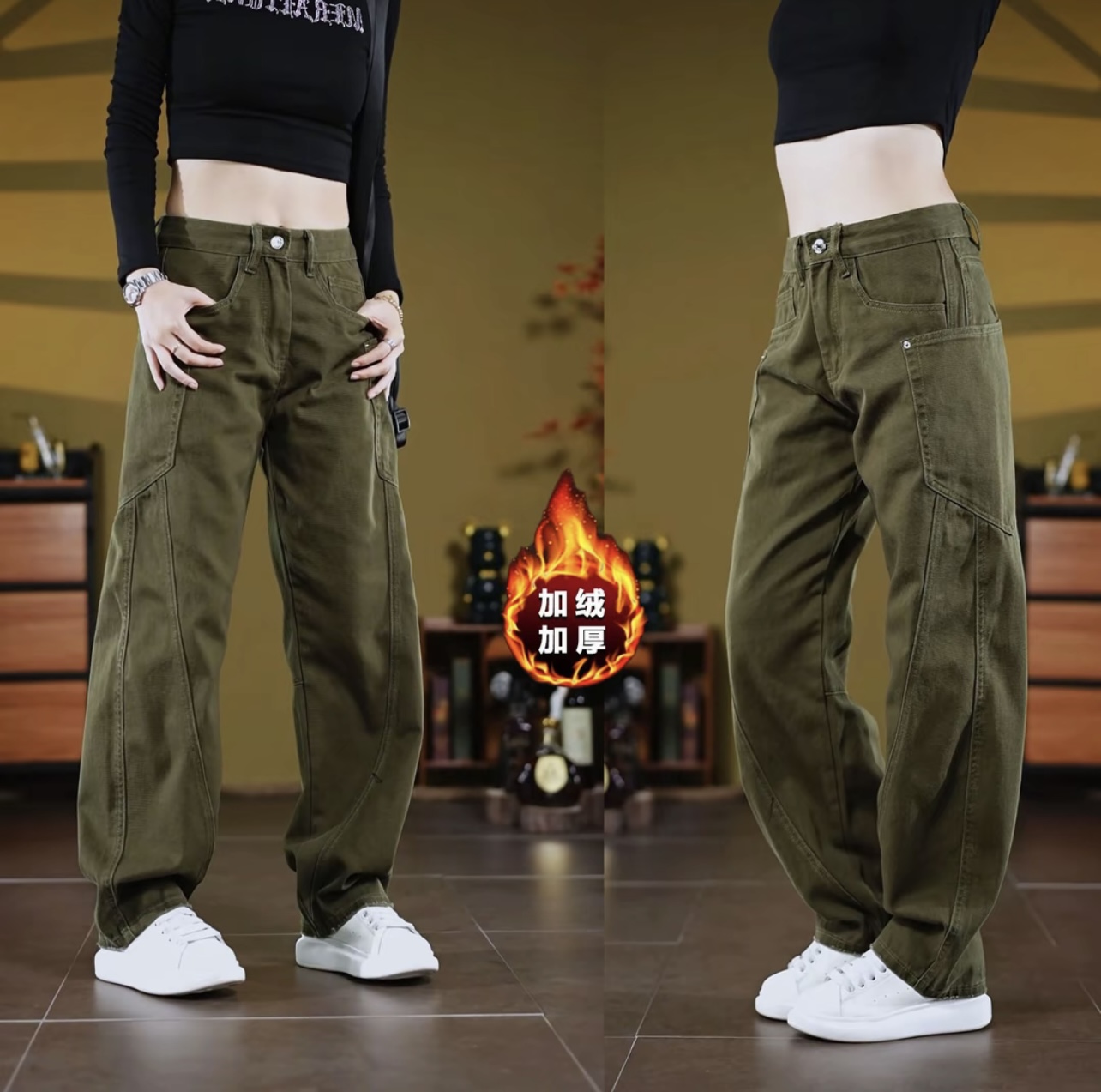 美式潮牌军绿色直筒牛仔裤男大口袋工装裤秋冬保暖新款宽松弯刀裤