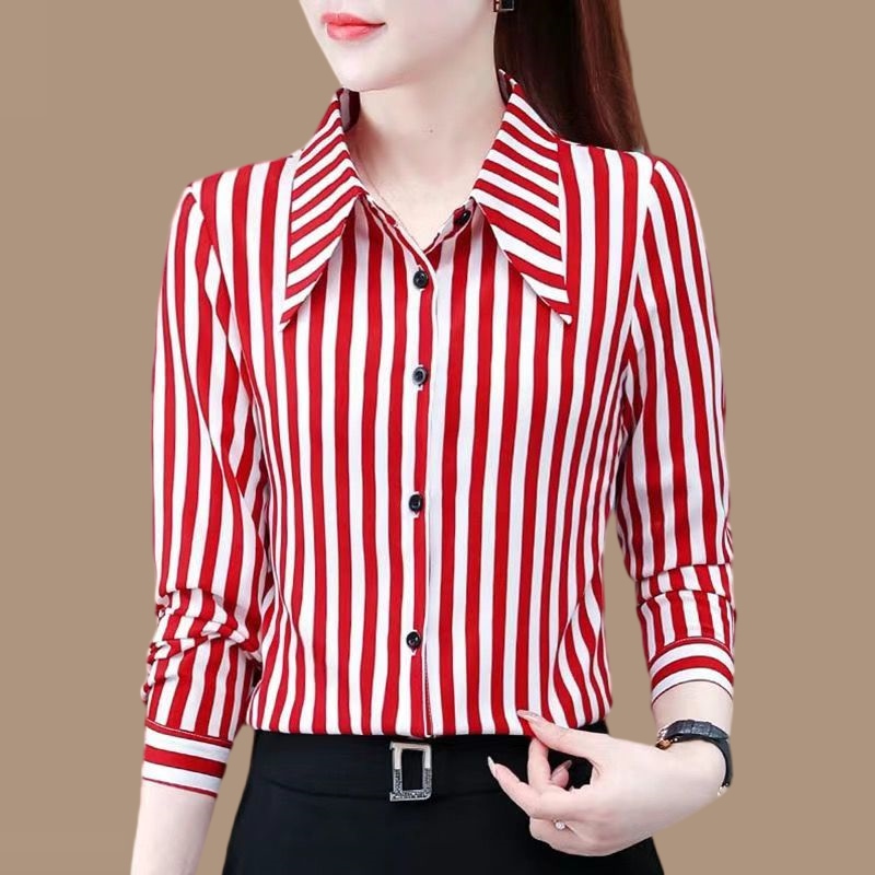 衬衫显瘦气质衬衣长袖洋气打底条纹韩版春秋时尚休闲百搭夏季宽松