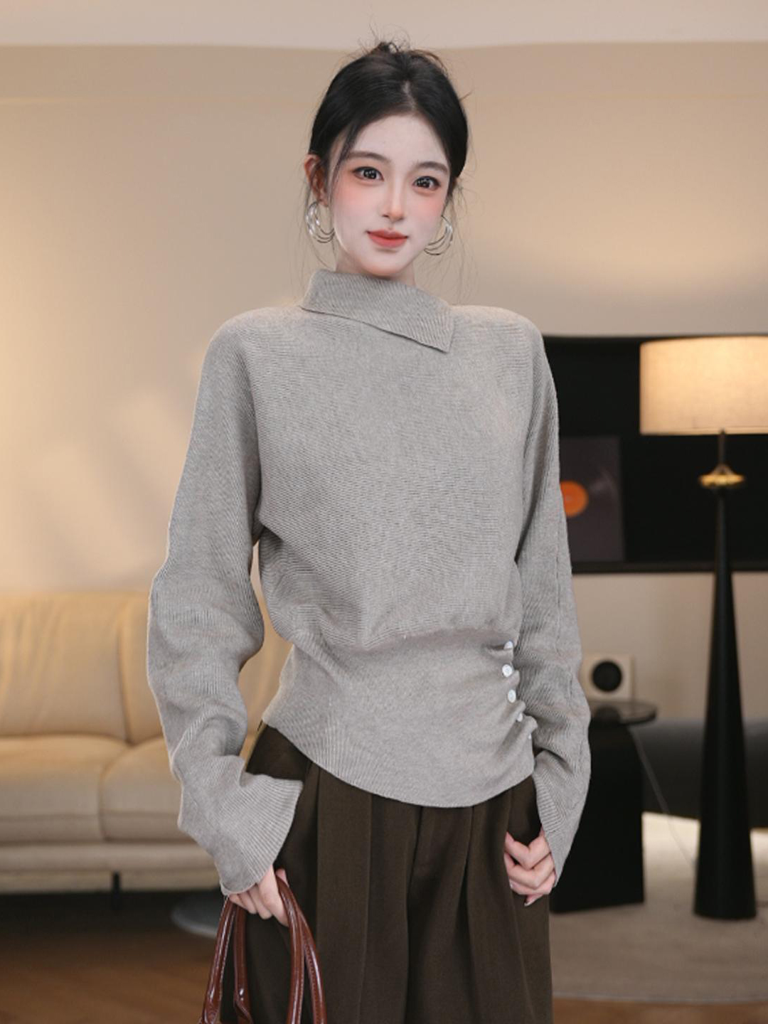 韩系慵懒风灰色高领毛衣女秋冬新款气质收腰洋气百搭显瘦针织上衣