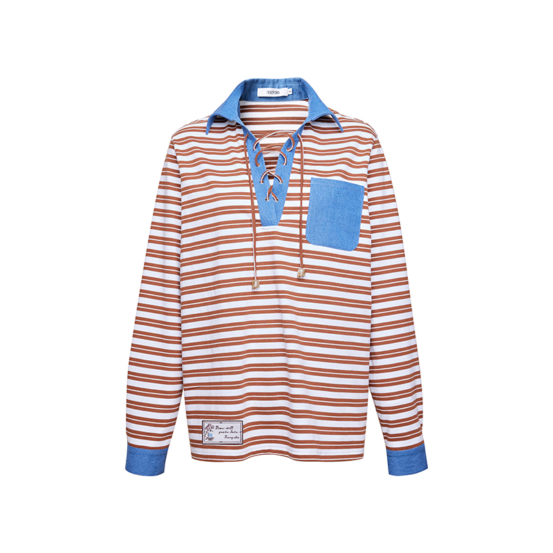 tracy  chu复古学院风条纹牛仔长袖Polo衫百搭老钱松弛感冬季新品