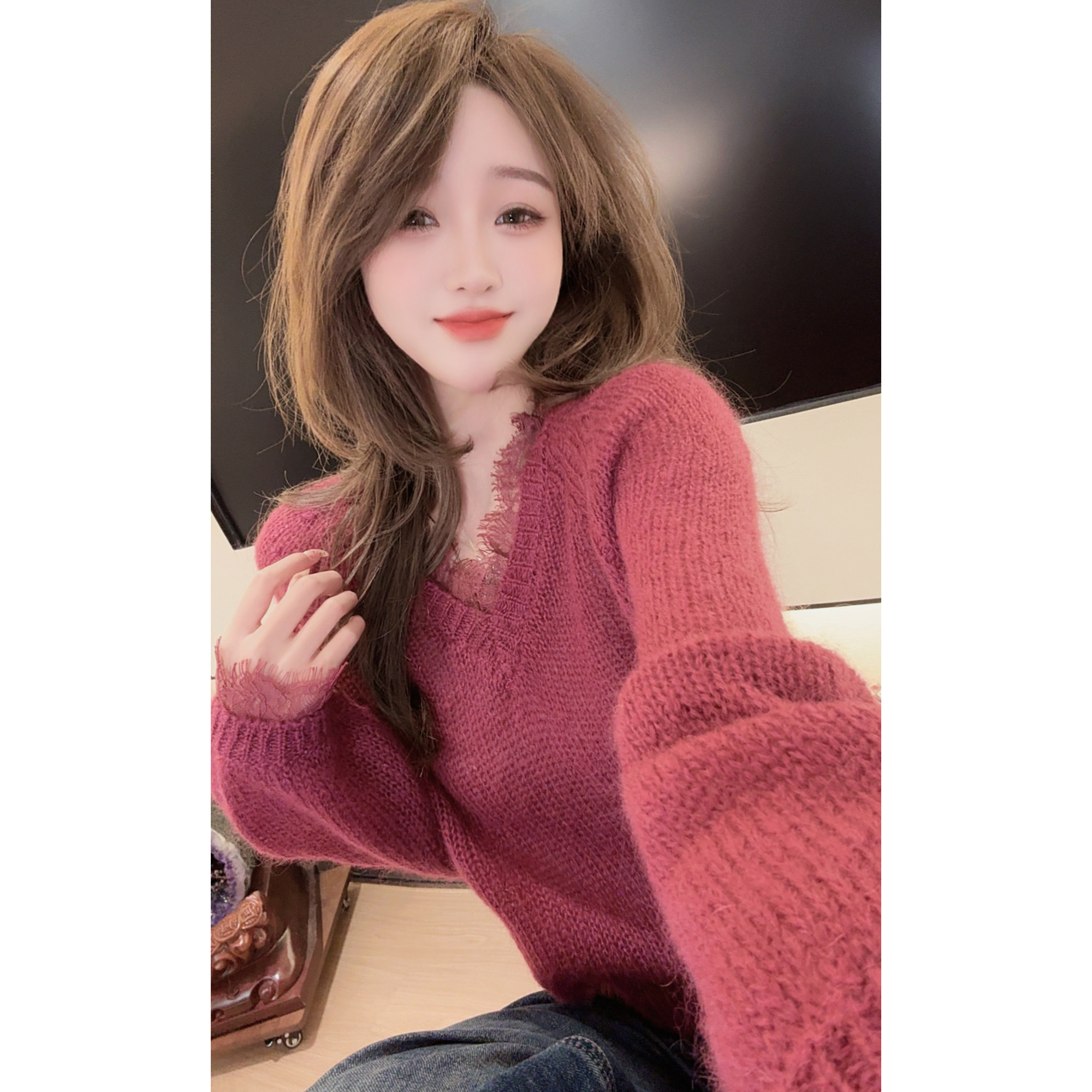 【陈陈私服】洋气设计感蕾丝拼接长袖针织衫气质女人味毛衣25112014