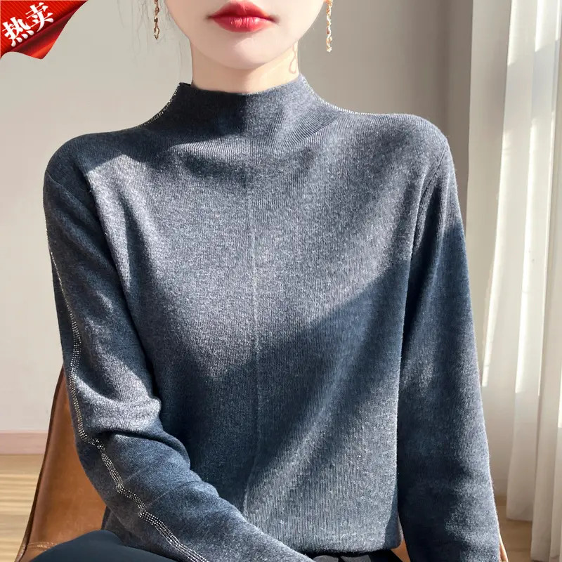 时尚品牌正品新款通勤简约风百搭烫钻羊毛衫秋冬时尚洋气打底衫