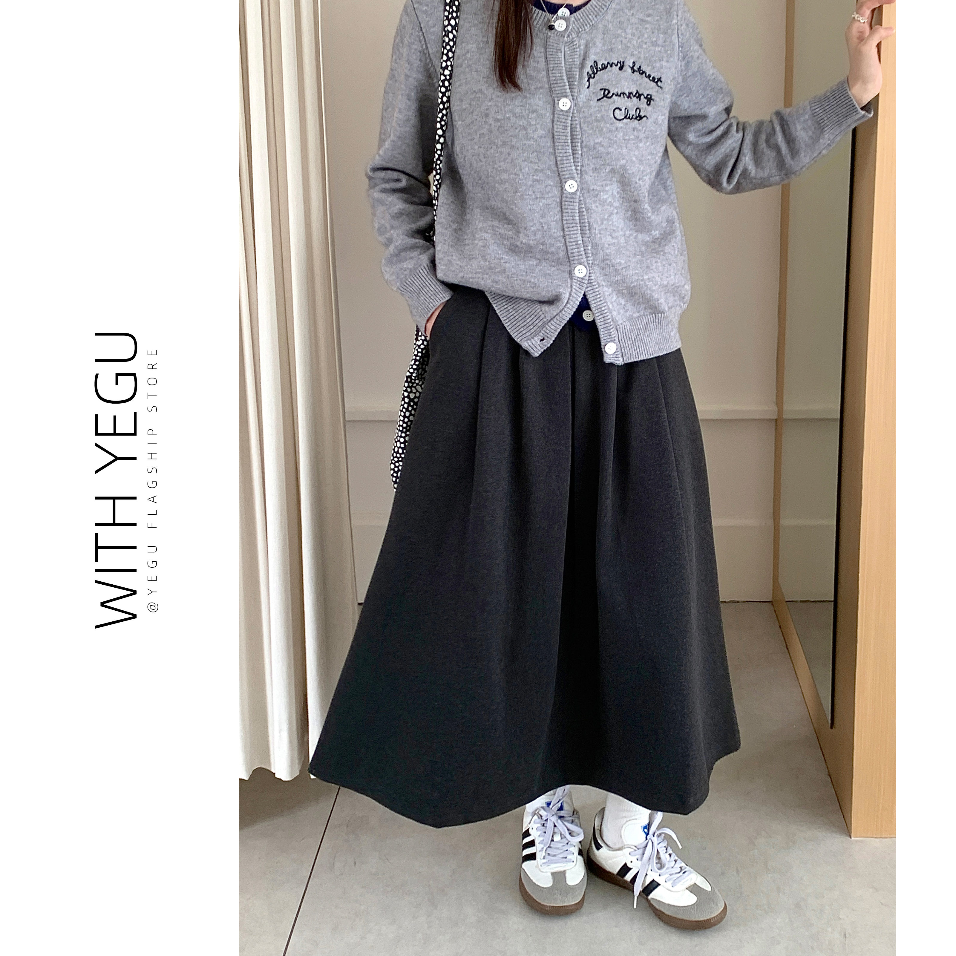 复古灰色毛呢半身裙女秋冬季高腰a字大摆伞裙加厚宽松呢子百褶裙