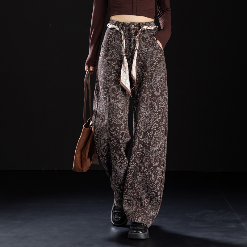 秋冬季印花加绒牛仔长裤宽松休闲裤提花高腰弯刀裤裤子秋冬款女