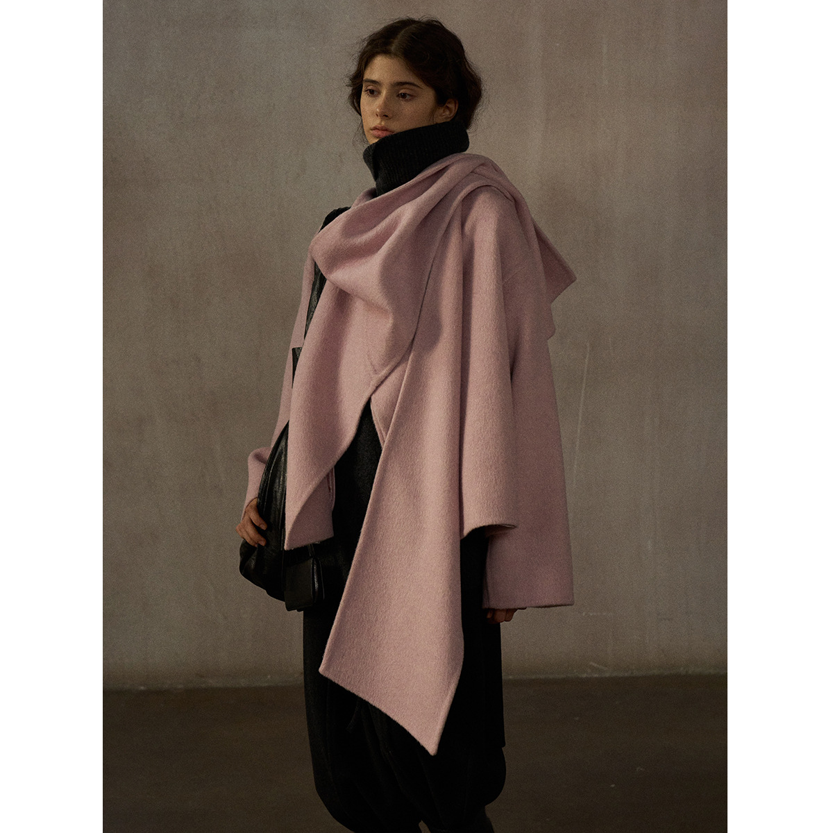 兔丝绒高品质手缝宽松廓形保暖围巾领双面呢修身尼外套女款秋冬