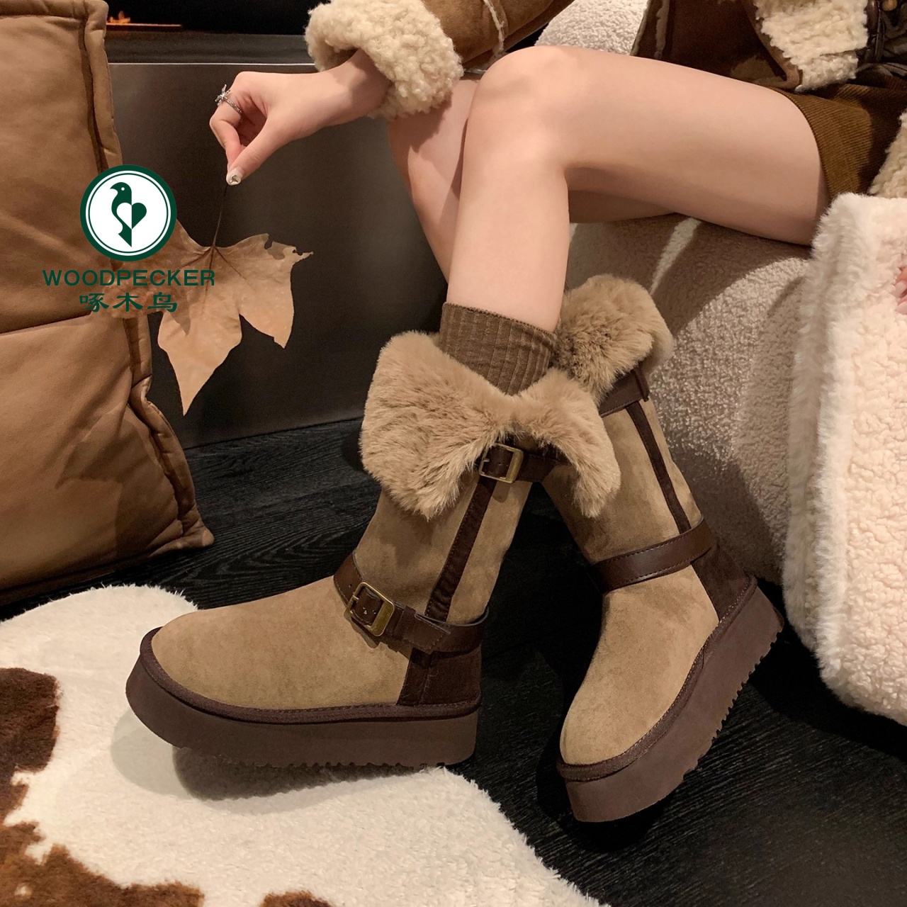 啄木鸟雪国翻边厚底绒毛雪地靴女冬季新款两穿加绒保暖长筒靴棉鞋