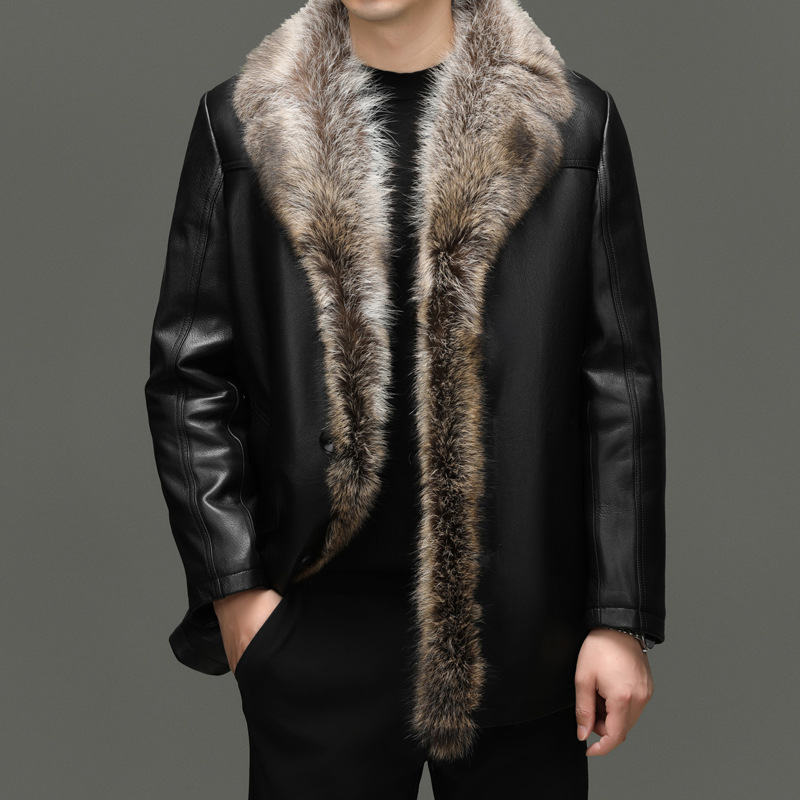 海宁男式山羊皮真皮皮衣男美洲貉内胆翻领夹克皮克服