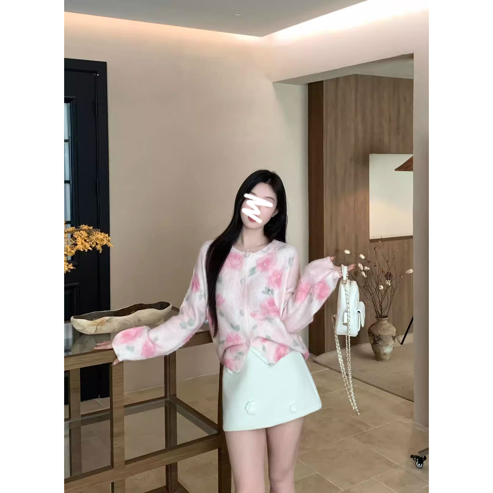 软糯温柔风套装慵懒长袖开衫毛衣女秋季2025新款花朵半身裙两件套