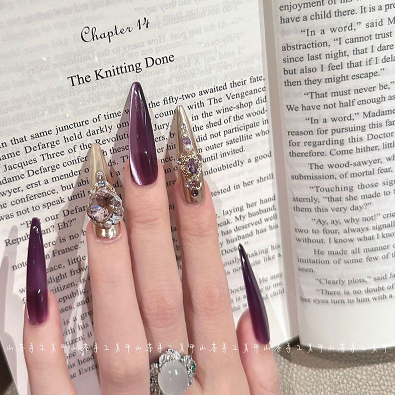 山茶家原创【美杜莎】全华钻纯手工定制穿戴甲高级爆闪美甲长款紫