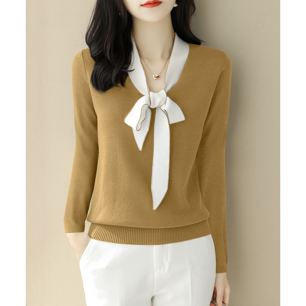 2024秋冬新款v领蝴蝶结系带长袖针织衫毛衣女装拼色打底高级上衣