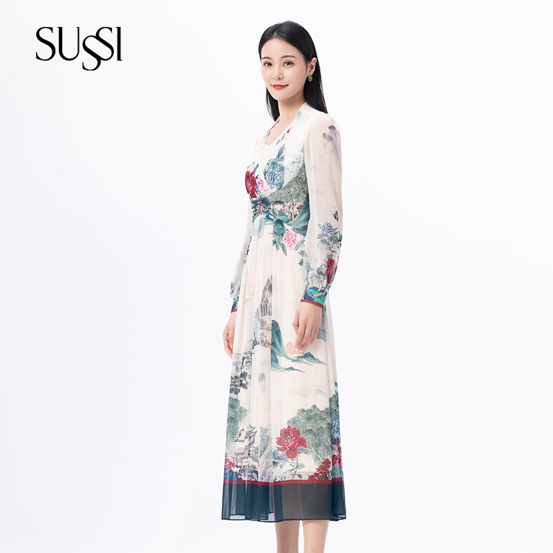 SUSSI/古色【观上月白】秋季新款度假收腰国风优雅百搭显瘦连衣裙