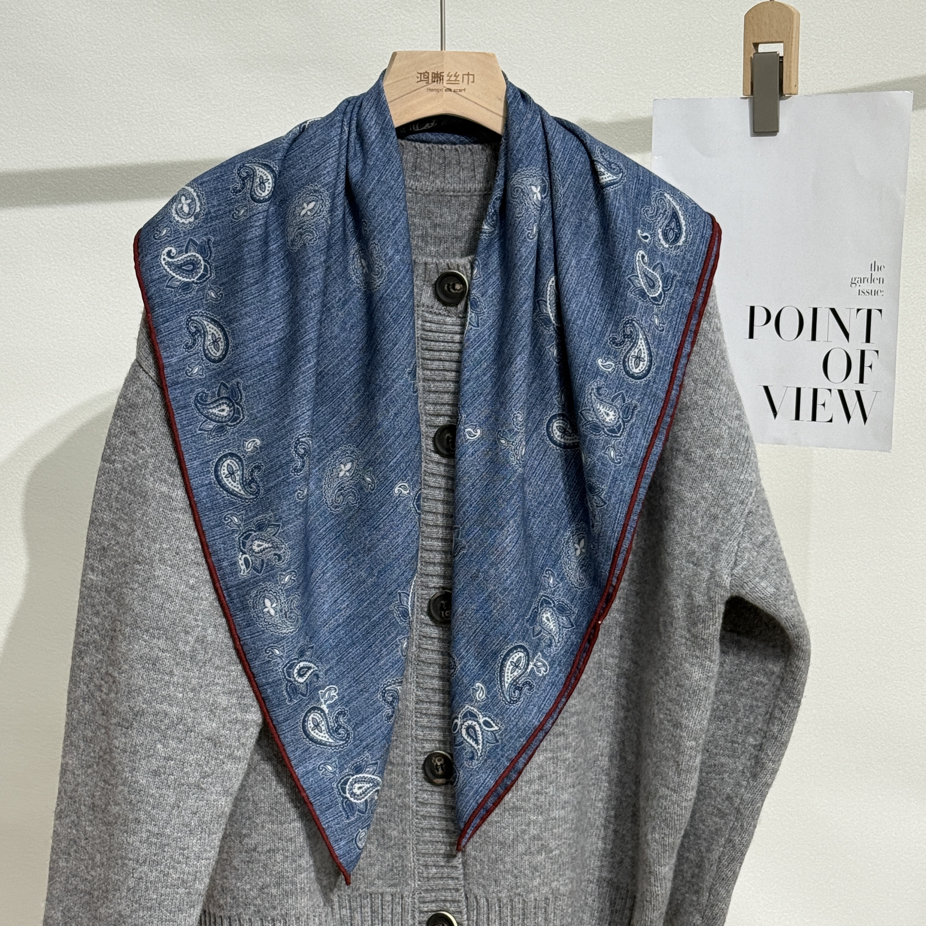 真丝羊毛双面牛仔蓝腰果87方巾女士丝巾搭配围巾洋气披肩外搭D241