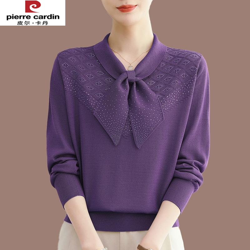 皮尔卡丹高贵妈妈春秋长袖T恤翻领上衣中老年大码女装新款洋气冰