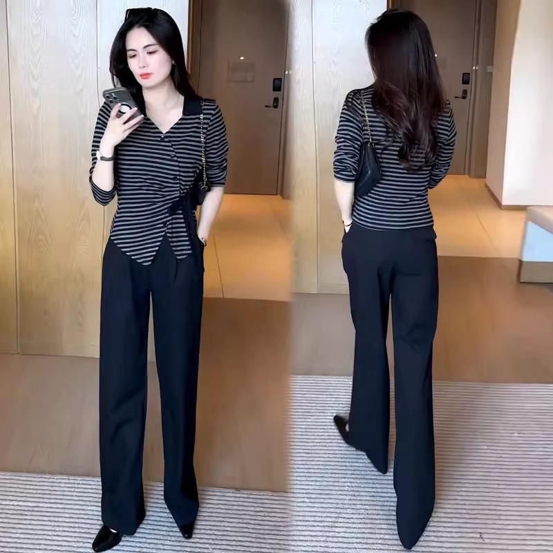 拉夏贝尔时尚套装女2025春秋季新款长袖条纹T恤阔腿裤气质两件套