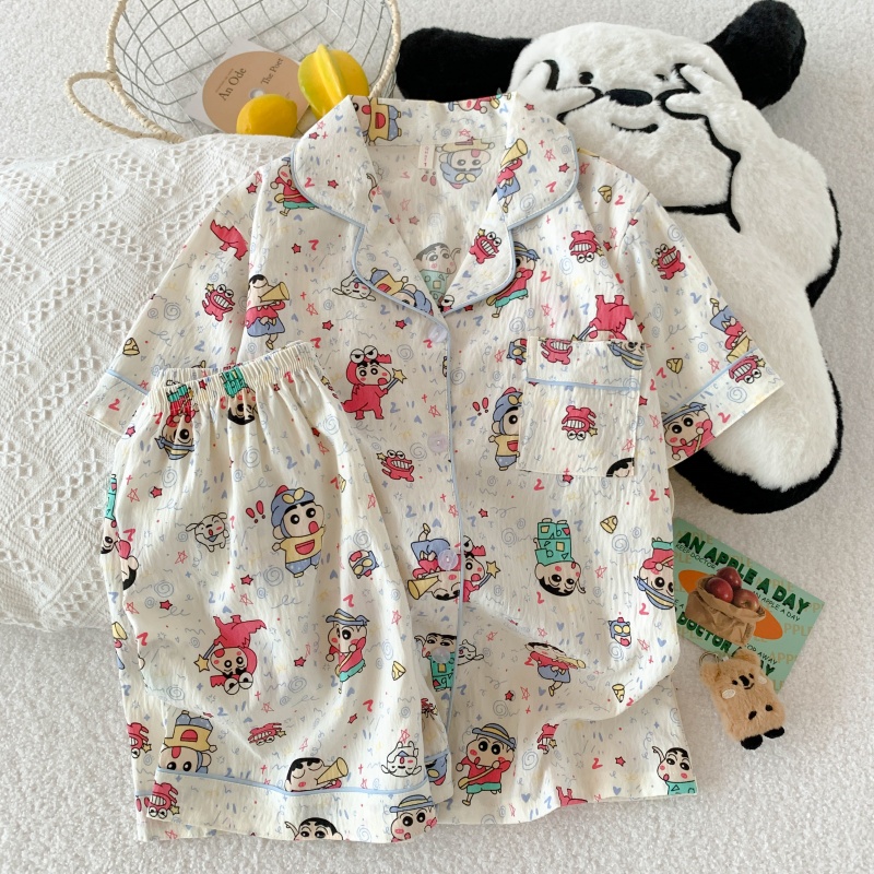 夏天卡通小新云朵棉短袖短裤睡衣女款卡通学生ins夏季家居服套装