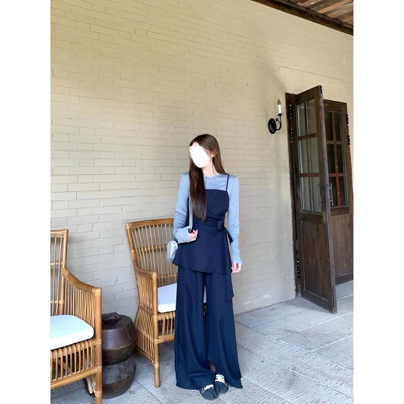 秋季吊带气质时尚套装天丝开叉百搭长袖上衣休闲风背心AM25983