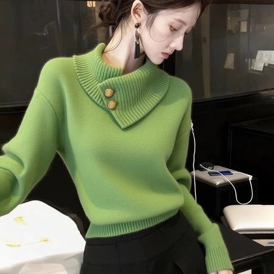 法式高级感牛油果绿色高领毛衣女冬季加厚保暖内搭针织衫小众上衣