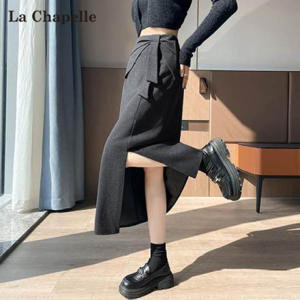 拉夏贝尔灰色毛呢半身裙女秋冬a字修身显瘦中长裙呢子开叉包臀裙