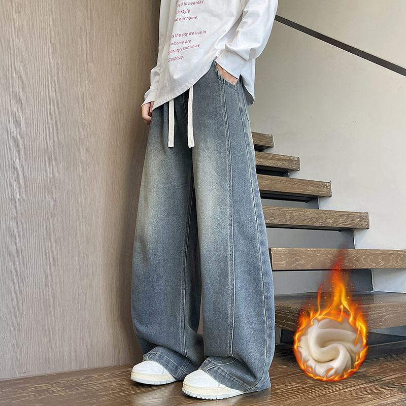 冬季重磅新款青少年美式高街弯刀牛仔裤加绒加厚垂感有型男生长裤