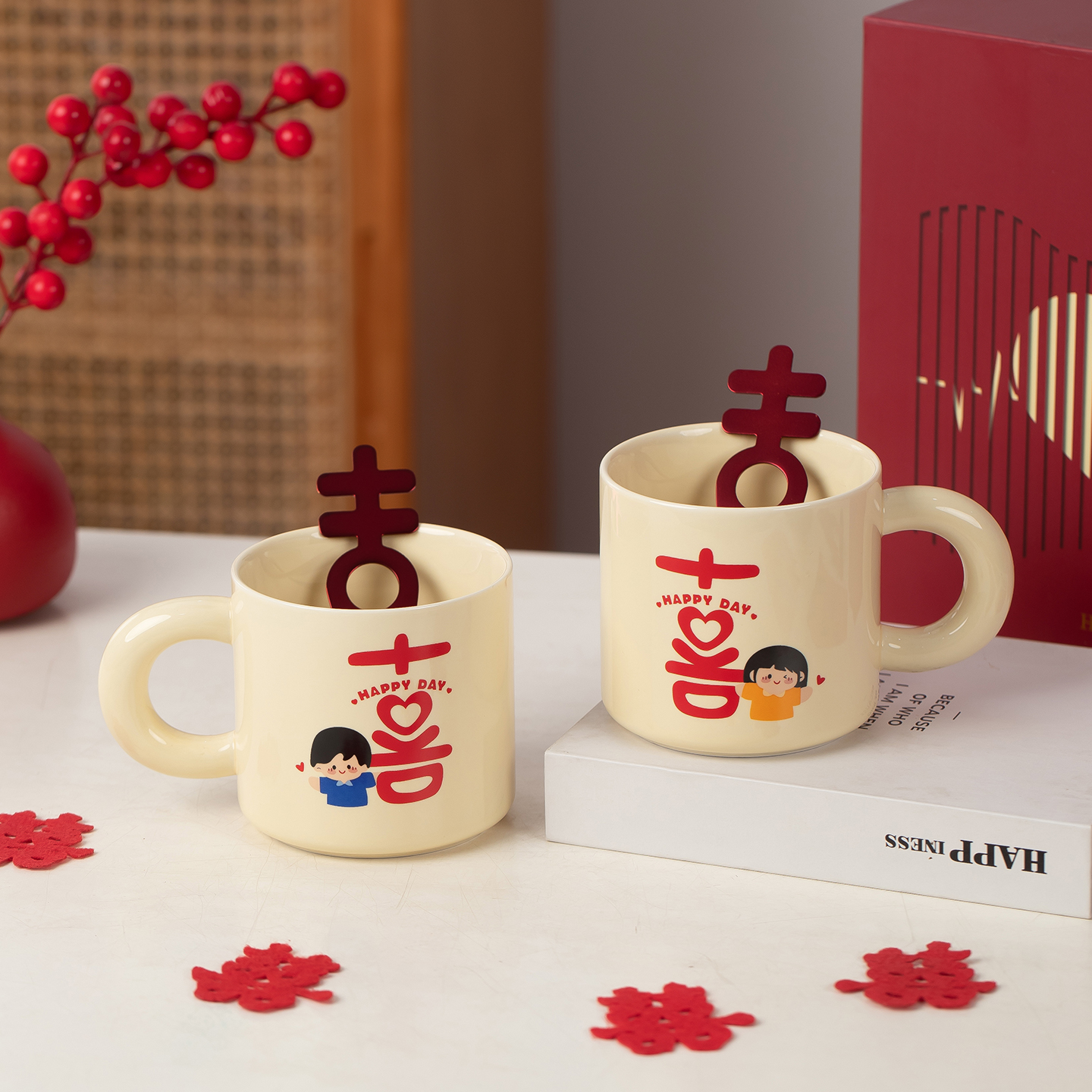 结婚喜字对杯陶瓷马克杯新婚订婚送新人朋友礼物实用情侣咖啡对杯