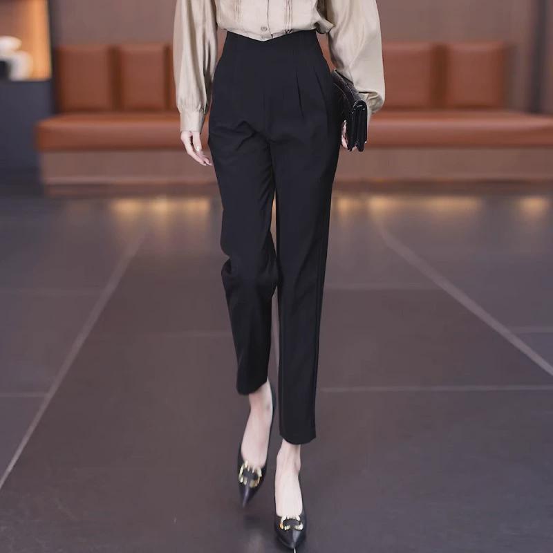 2024高腰遮肚子西装哈伦裤女2024流行新款春秋后拉链女裤垂感裤子