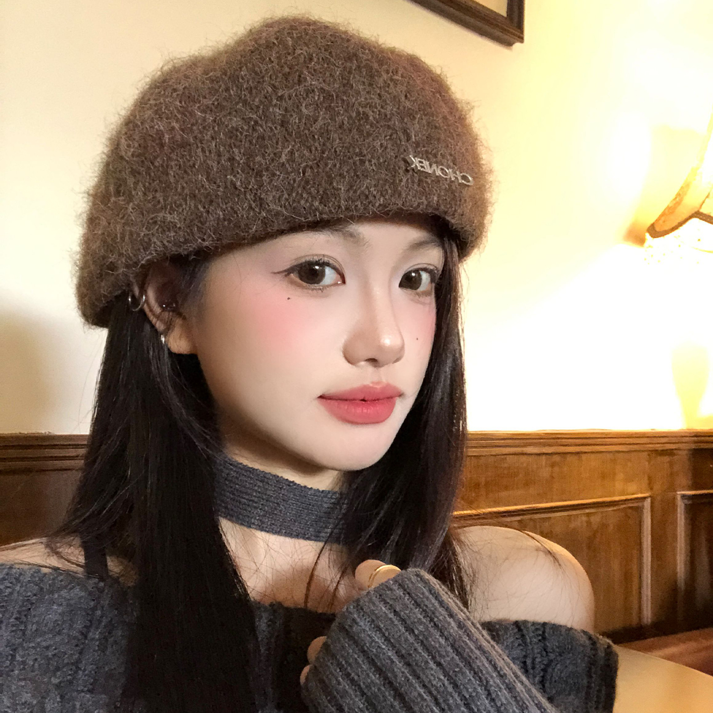 咖色毛绒复古前进帽女秋冬日系大头围显脸小百搭针织反戴贝雷帽子
