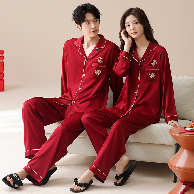 2套价 冰丝结婚睡衣新婚情侣套装春秋季薄款长袖红色喜庆家居服