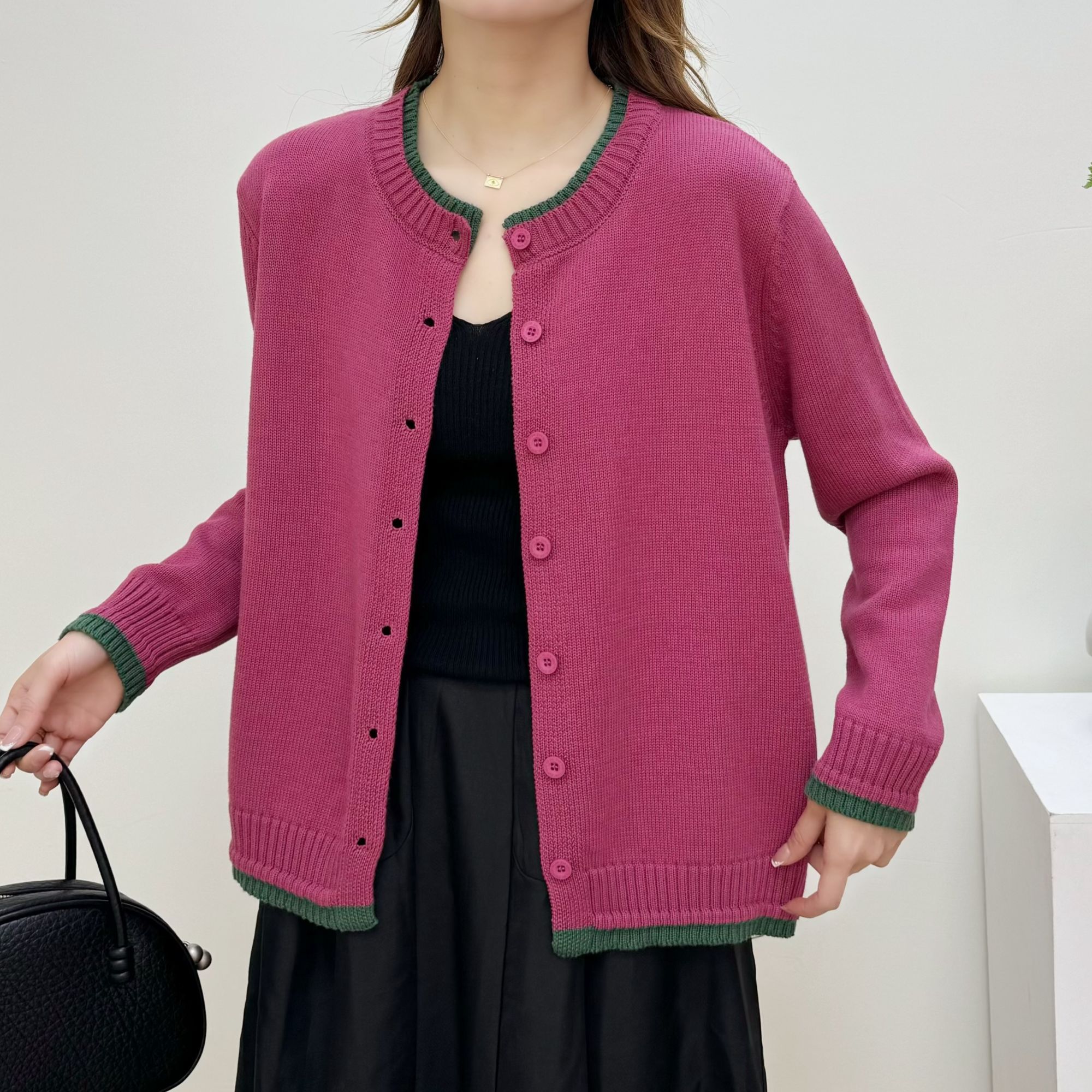 【正品现货】拼色双领圆领复古棉线女士秋季宽松百搭长袖针织衫外套