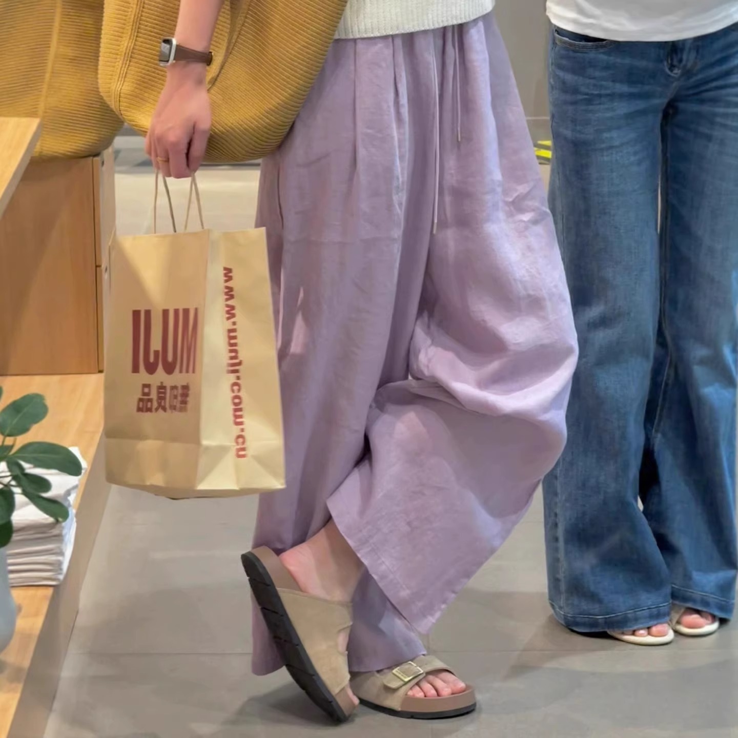 粉紫色亚麻阔腿裤女夏季薄款胖妹妹mm遮肉显瘦梨型身材休闲棉麻裤