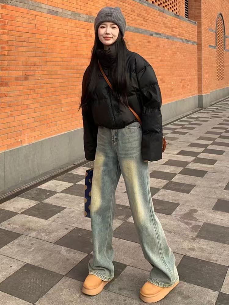 ①冬季加绒百搭阔腿喇叭牛仔裤新款时尚韩版显瘦垂感试穿样衣复古