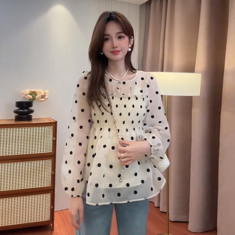 法式甜美气质波点泡泡袖防晒衬衫女春夏洋气减龄娃娃小衫雪纺上衣