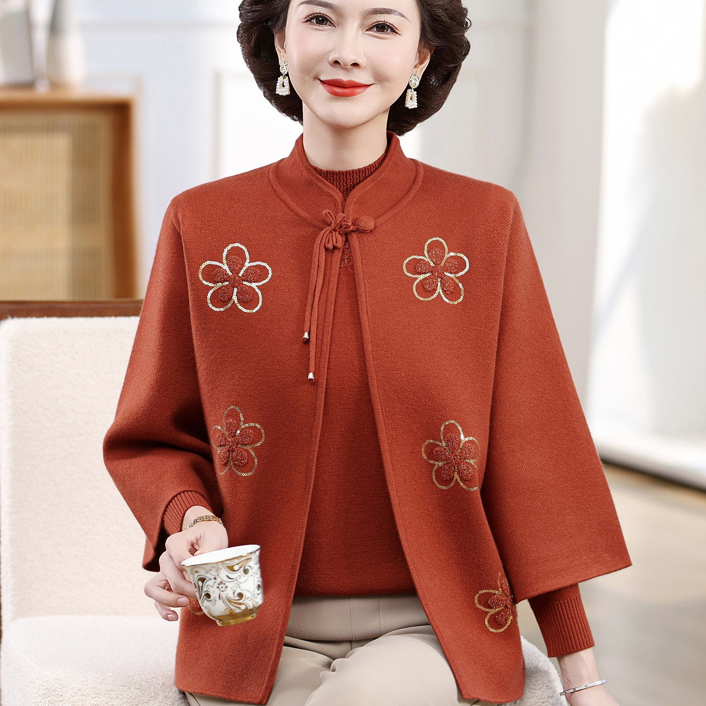 秋季妈妈时尚针织两件套上衣中老年女春秋新中式针织开衫毛衣套装