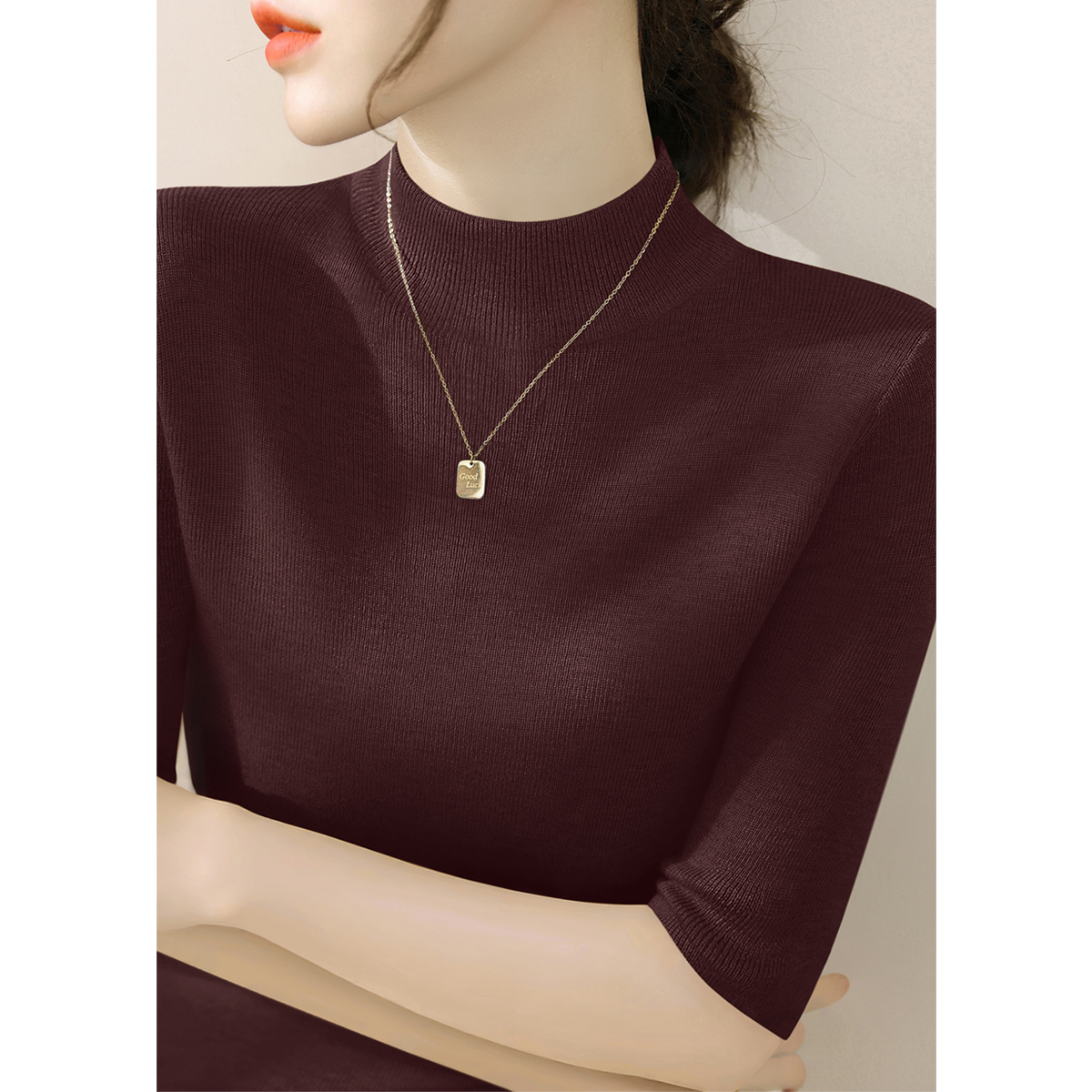 半高领百搭早秋羊毛时尚内搭打底女简约五分袖套头修身上衣针织衫