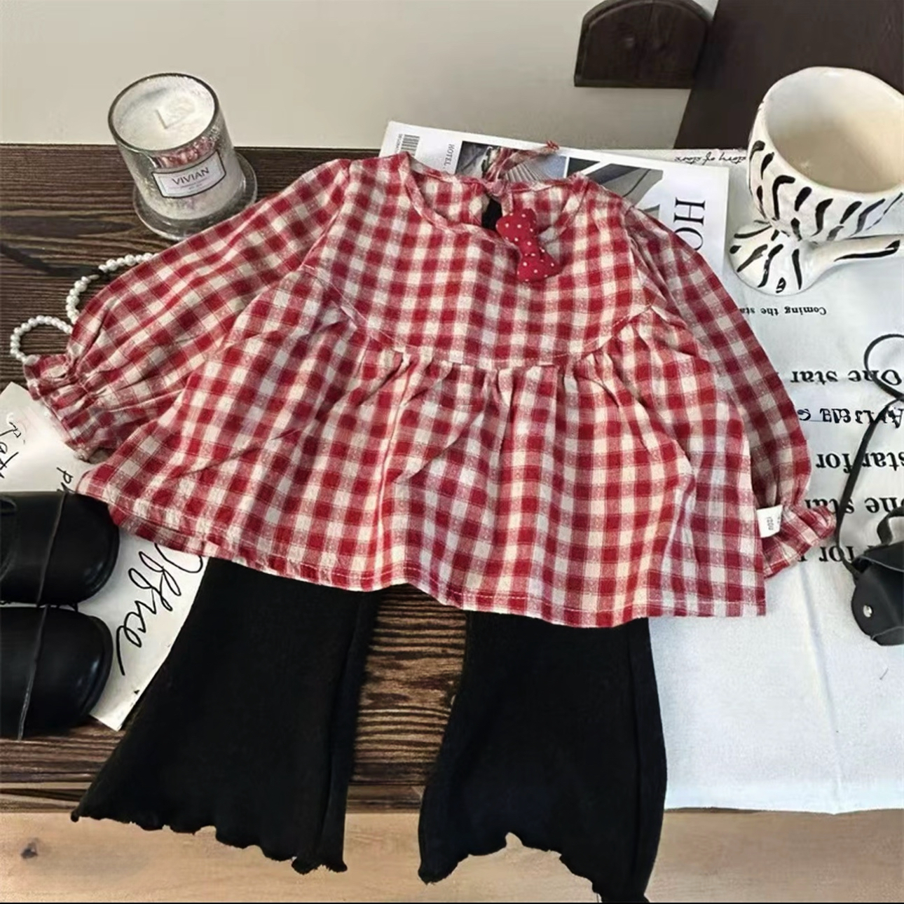 韩版红格子时尚童装春秋2025新款女童娃娃衫休闲洋气喇叭裤两件套