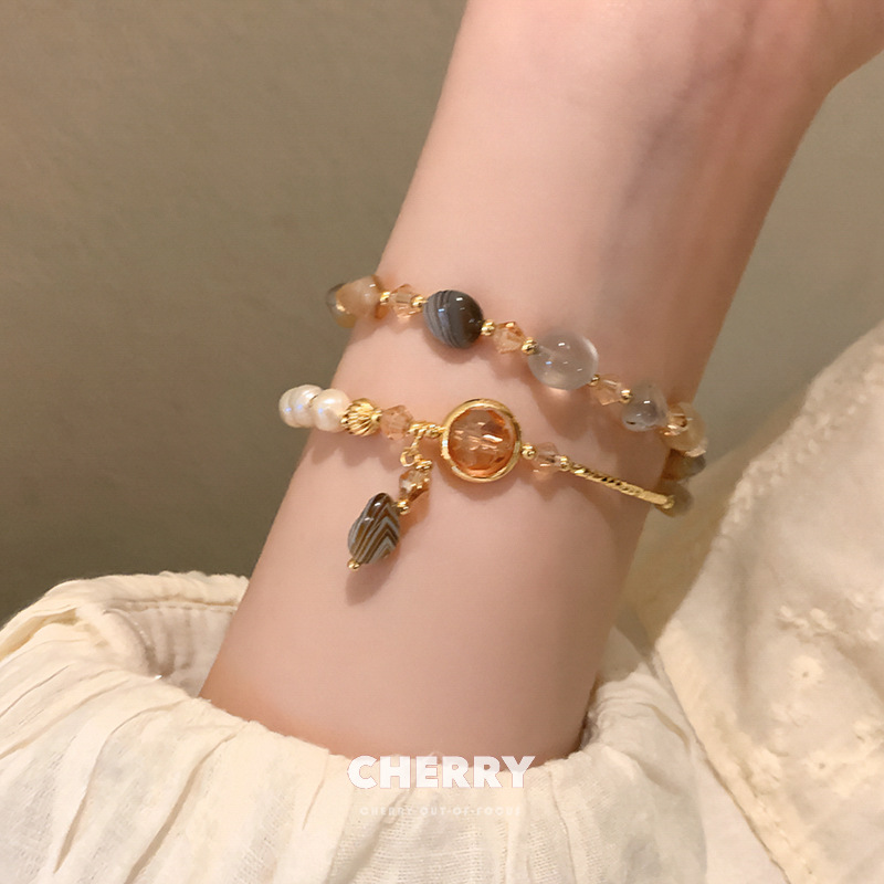 合金树脂手链 拼色双层叠戴串珠树脂手链女小众设计感精致手饰