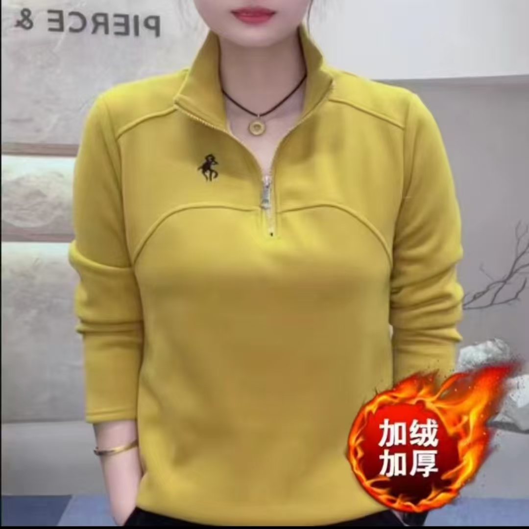 秋冬新款自发热德绒立领卫衣女高弹百搭加绒刺绣显瘦打底衫