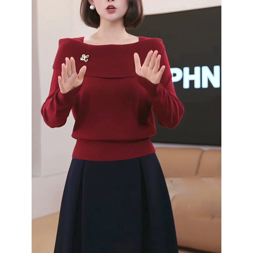 一字肩红色针织打底衫女2025秋冬套头毛衣修身内搭长袖上衣设计感