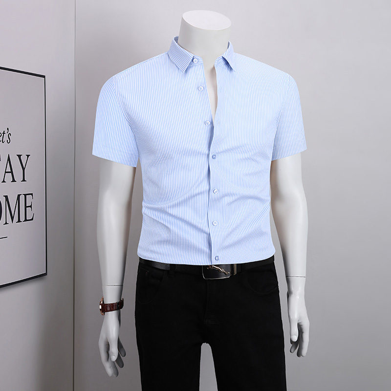 短袖衬衫男夏季商务休闲男装细条纹免烫抗皱职业正装男士条纹衬衣