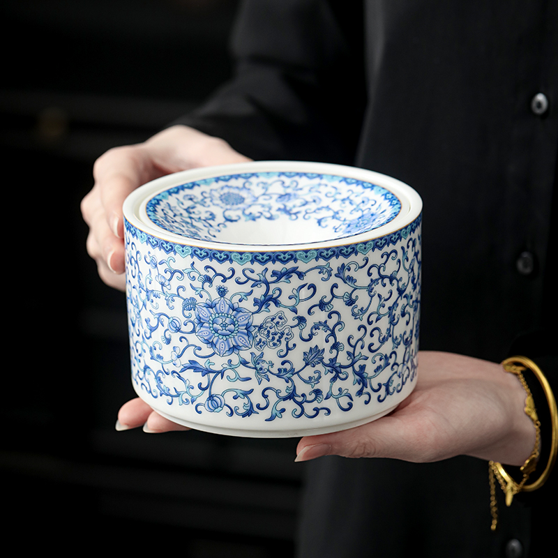物姿白瓷烟灰缸防飞灰缠枝莲茶洗陶瓷茶渣缸水盂杯洗家用茶具配件